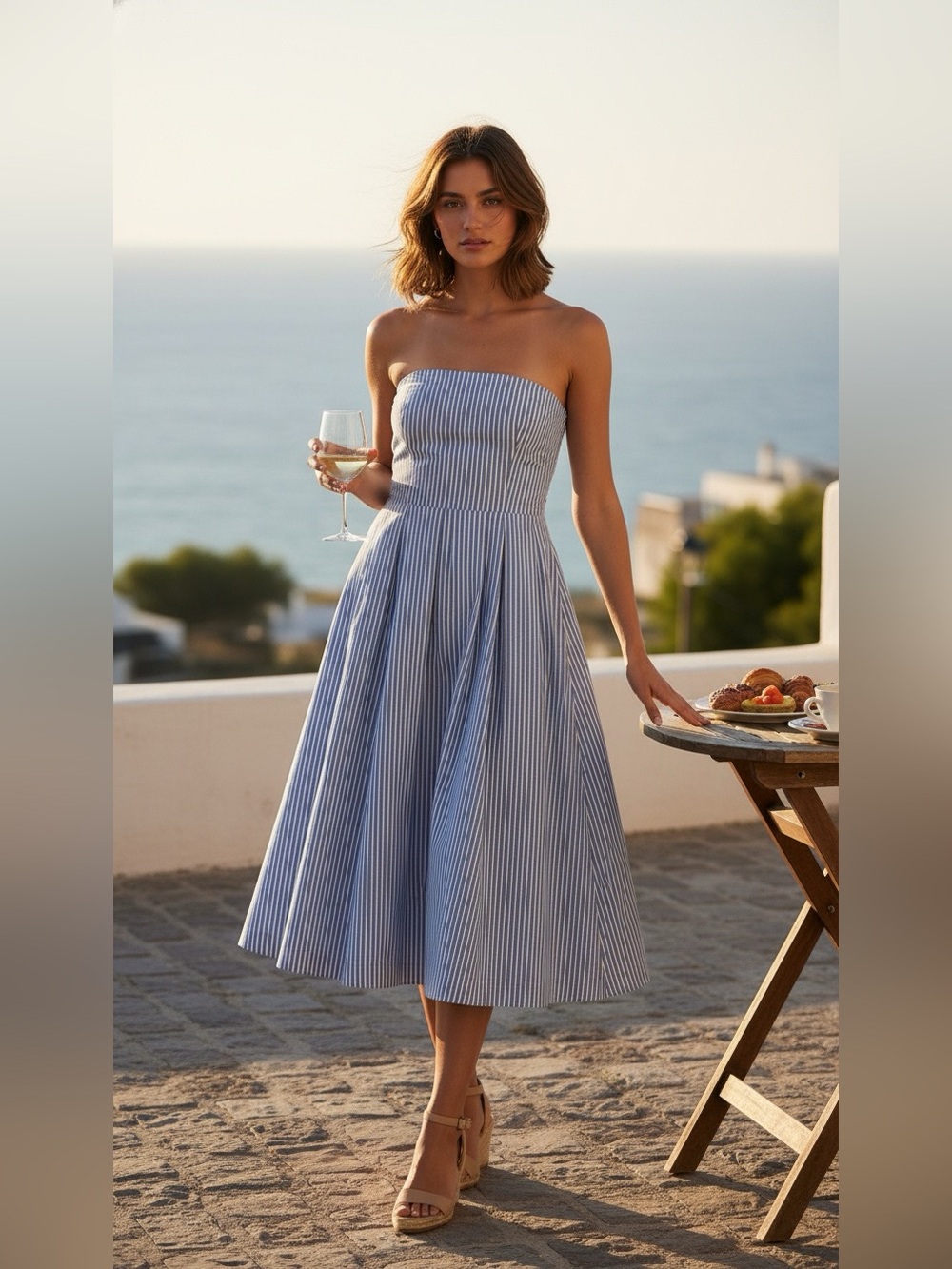 NWT American Eagle Blue Pinstripe Strapless Midi Dress Coastal Vacation Large